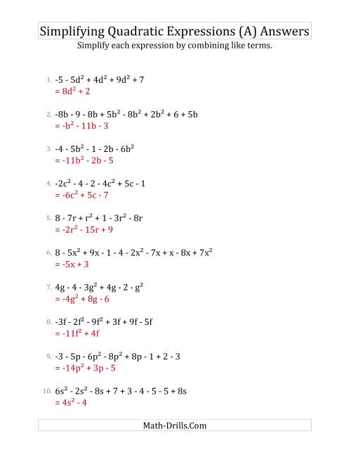 The Simplifying Quadratic Expressions with 6 to 10 Terms (A) Math Worksheet Page 2