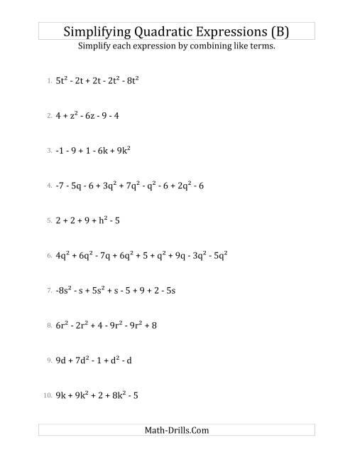 The Simplifying Quadratic Expressions with 6 to 10 Terms (B) Math Worksheet
