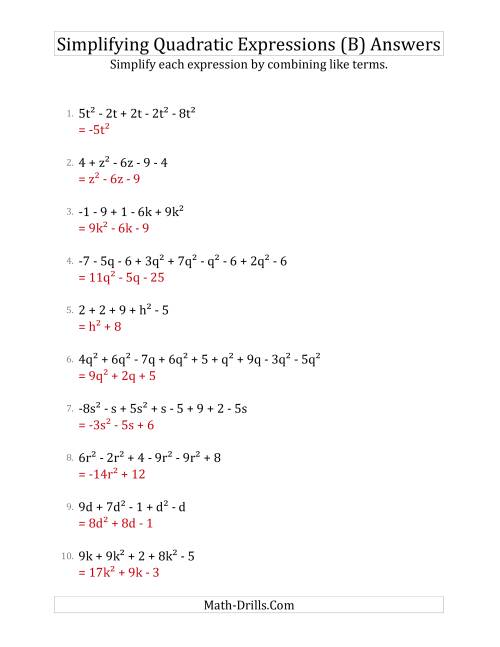 The Simplifying Quadratic Expressions with 6 to 10 Terms (B) Math Worksheet Page 2