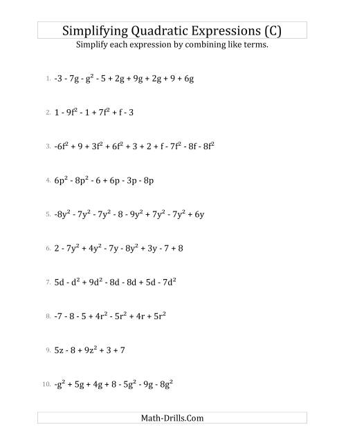 The Simplifying Quadratic Expressions with 6 to 10 Terms (C) Math Worksheet