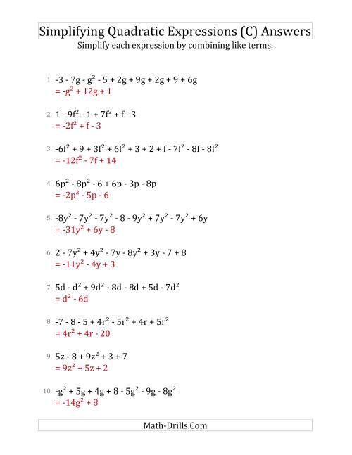 The Simplifying Quadratic Expressions with 6 to 10 Terms (C) Math Worksheet Page 2