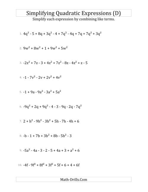 The Simplifying Quadratic Expressions with 6 to 10 Terms (D) Math Worksheet