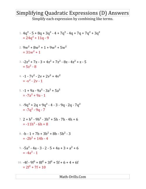 The Simplifying Quadratic Expressions with 6 to 10 Terms (D) Math Worksheet Page 2