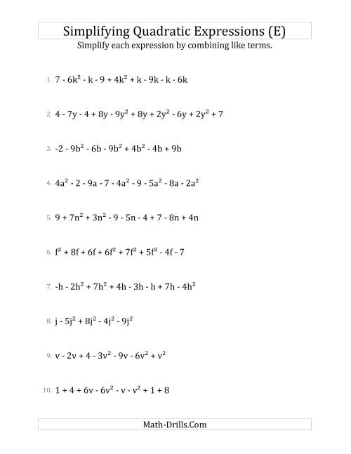 The Simplifying Quadratic Expressions with 6 to 10 Terms (E) Math Worksheet