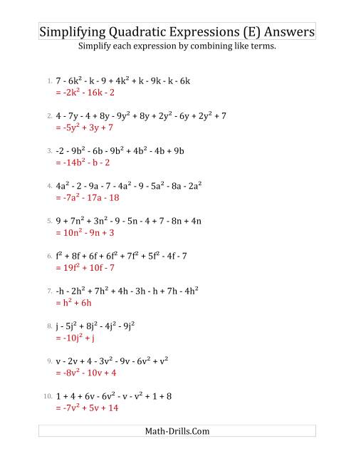 The Simplifying Quadratic Expressions with 6 to 10 Terms (E) Math Worksheet Page 2