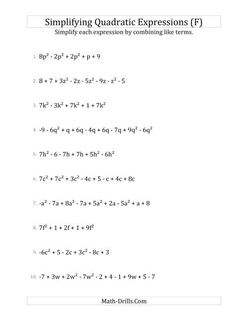 The Simplifying Quadratic Expressions with 6 to 10 Terms (F) Math Worksheet