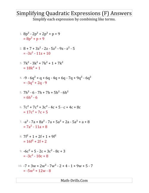 The Simplifying Quadratic Expressions with 6 to 10 Terms (F) Math Worksheet Page 2