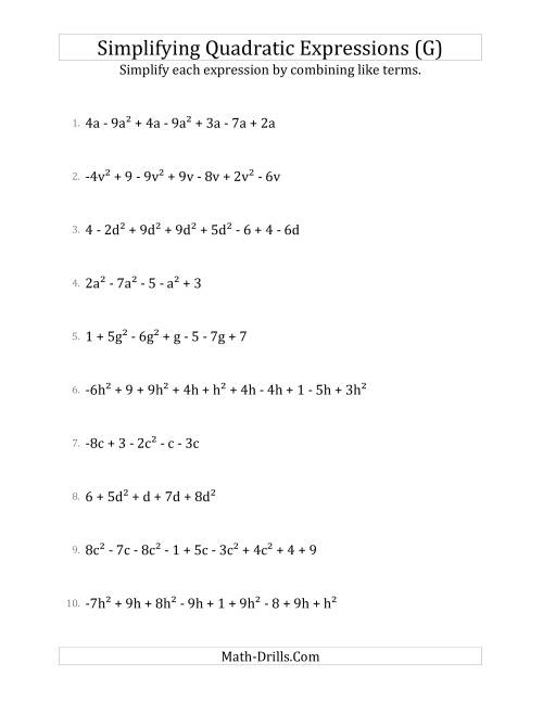 The Simplifying Quadratic Expressions with 6 to 10 Terms (G) Math Worksheet