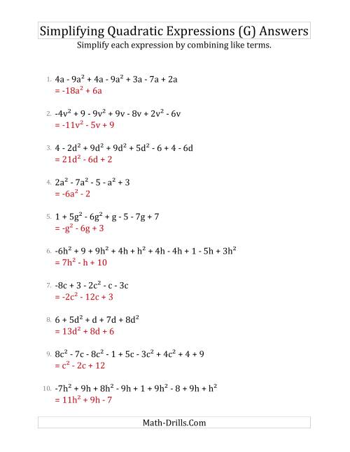 The Simplifying Quadratic Expressions with 6 to 10 Terms (G) Math Worksheet Page 2