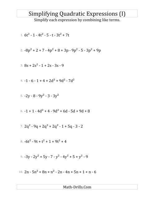 The Simplifying Quadratic Expressions with 6 to 10 Terms (I) Math Worksheet
