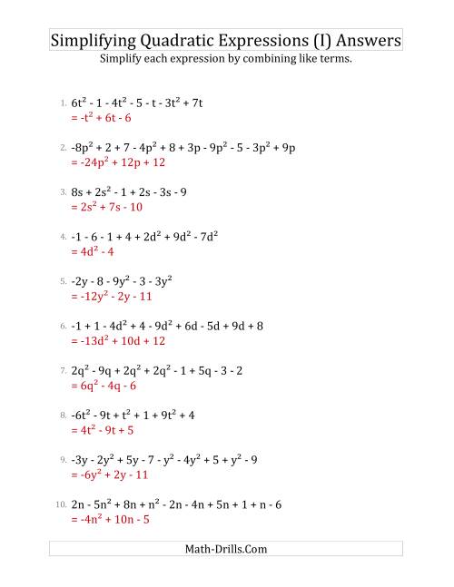 The Simplifying Quadratic Expressions with 6 to 10 Terms (I) Math Worksheet Page 2