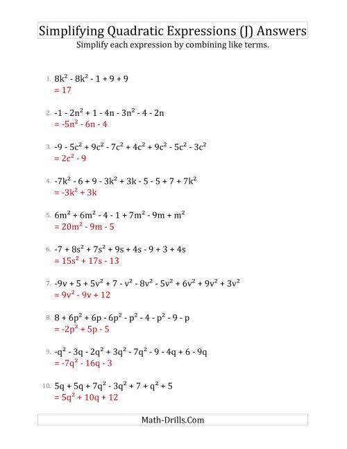 The Simplifying Quadratic Expressions with 6 to 10 Terms (J) Math Worksheet Page 2