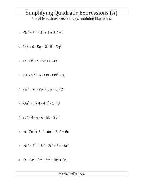 The Simplifying Quadratic Expressions with 6 Terms (A) Math Worksheet
