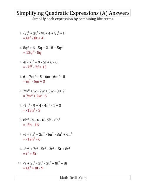 The Simplifying Quadratic Expressions with 6 Terms (A) Math Worksheet Page 2