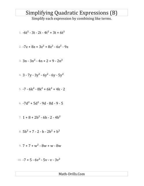 The Simplifying Quadratic Expressions with 6 Terms (B) Math Worksheet