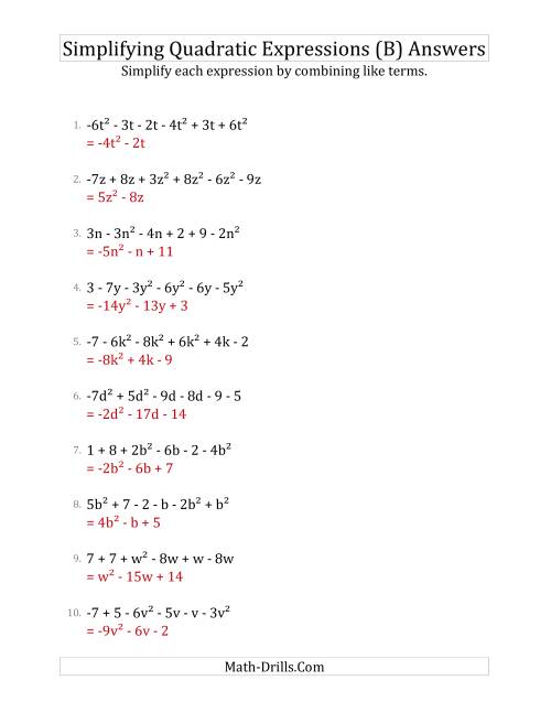 The Simplifying Quadratic Expressions with 6 Terms (B) Math Worksheet Page 2