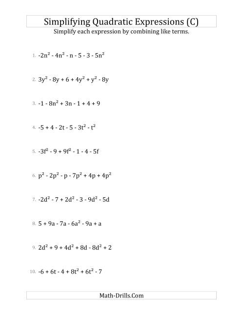 The Simplifying Quadratic Expressions with 6 Terms (C) Math Worksheet