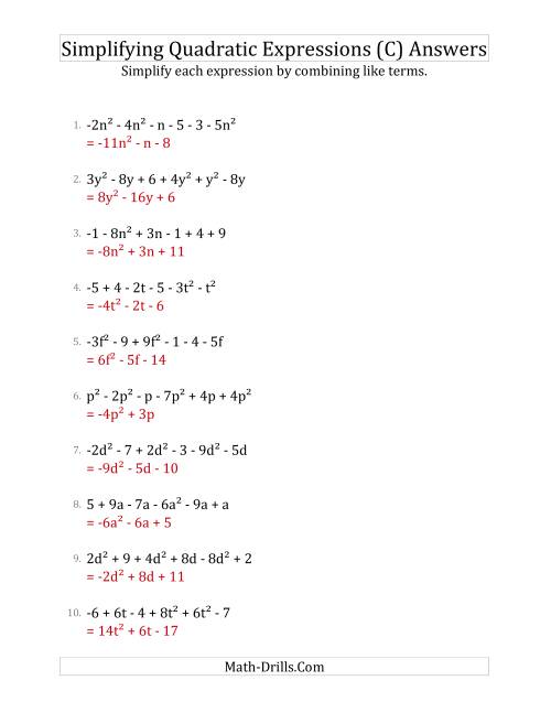 The Simplifying Quadratic Expressions with 6 Terms (C) Math Worksheet Page 2