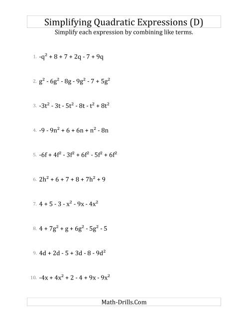 The Simplifying Quadratic Expressions with 6 Terms (D) Math Worksheet