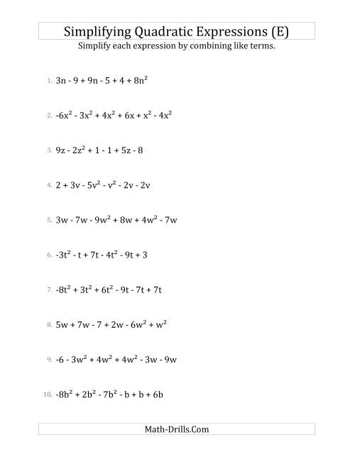 The Simplifying Quadratic Expressions with 6 Terms (E) Math Worksheet