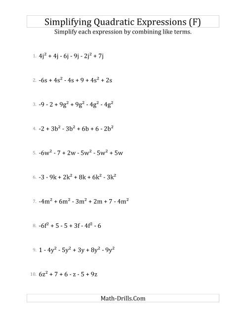 The Simplifying Quadratic Expressions with 6 Terms (F) Math Worksheet