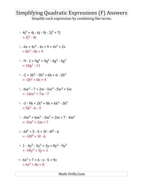The Simplifying Quadratic Expressions with 6 Terms (F) Math Worksheet Page 2