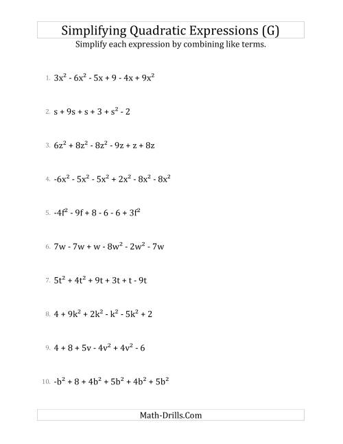 The Simplifying Quadratic Expressions with 6 Terms (G) Math Worksheet