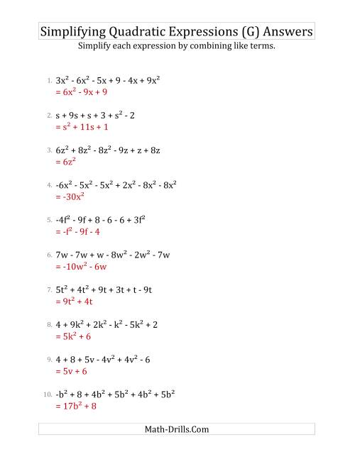 The Simplifying Quadratic Expressions with 6 Terms (G) Math Worksheet Page 2