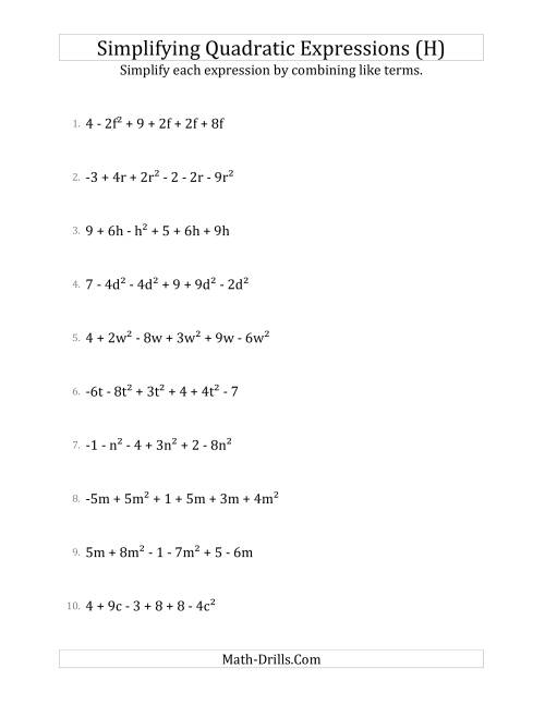 The Simplifying Quadratic Expressions with 6 Terms (H) Math Worksheet
