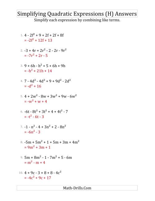 The Simplifying Quadratic Expressions with 6 Terms (H) Math Worksheet Page 2