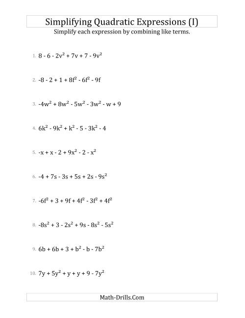 The Simplifying Quadratic Expressions with 6 Terms (I) Math Worksheet