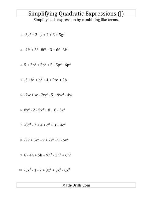 The Simplifying Quadratic Expressions with 6 Terms (J) Math Worksheet