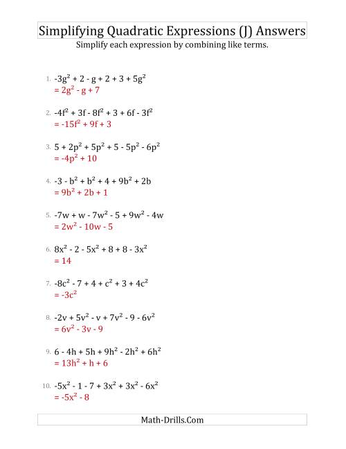 The Simplifying Quadratic Expressions with 6 Terms (J) Math Worksheet Page 2