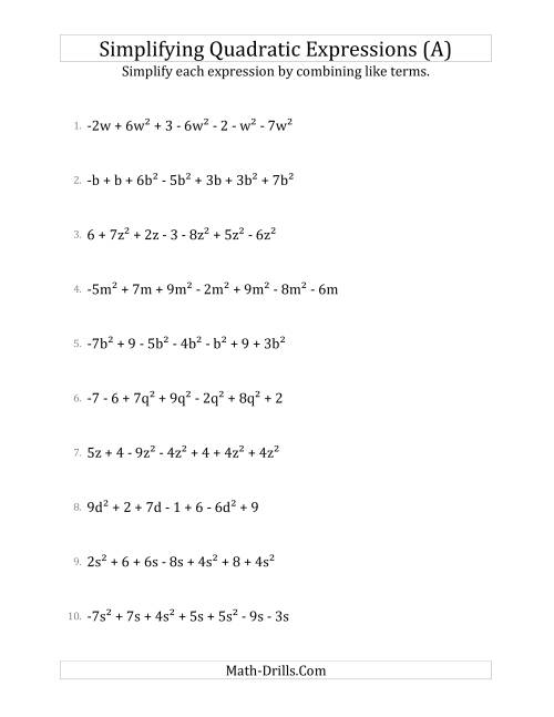 The Simplifying Quadratic Expressions with 7 Terms (A) Math Worksheet