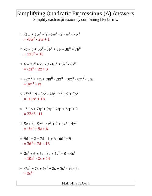 The Simplifying Quadratic Expressions with 7 Terms (A) Math Worksheet Page 2