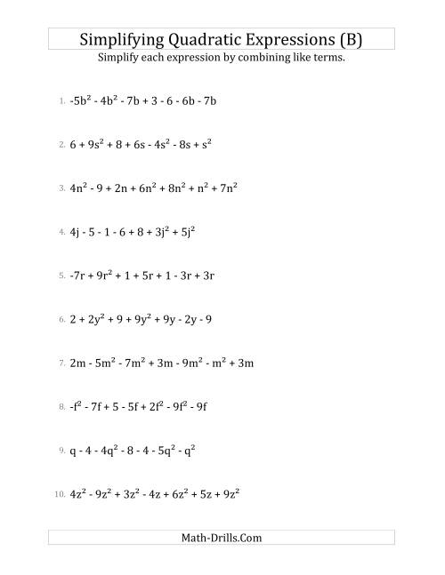 The Simplifying Quadratic Expressions with 7 Terms (B) Math Worksheet