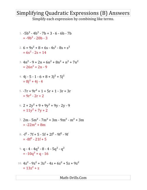 The Simplifying Quadratic Expressions with 7 Terms (B) Math Worksheet Page 2
