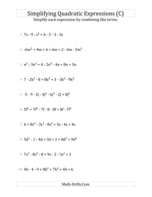 The Simplifying Quadratic Expressions with 7 Terms (C) Math Worksheet