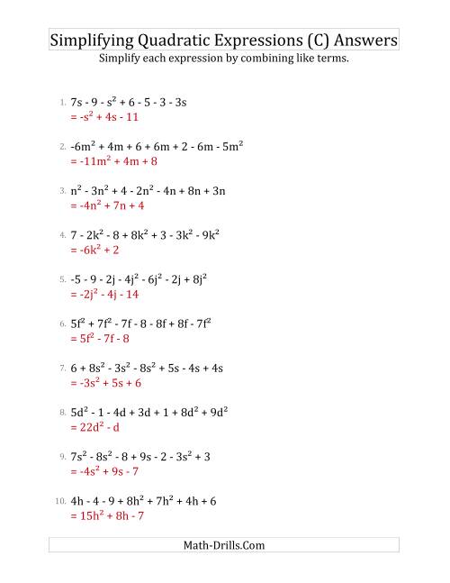 The Simplifying Quadratic Expressions with 7 Terms (C) Math Worksheet Page 2