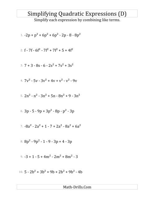 The Simplifying Quadratic Expressions with 7 Terms (D) Math Worksheet