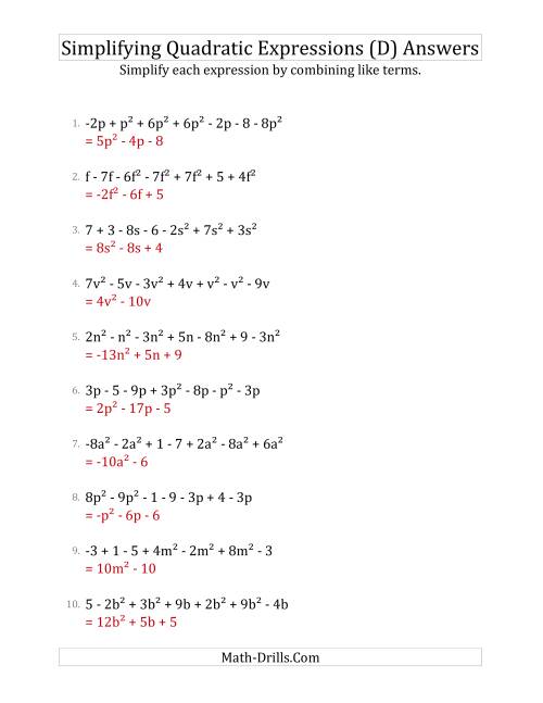 The Simplifying Quadratic Expressions with 7 Terms (D) Math Worksheet Page 2