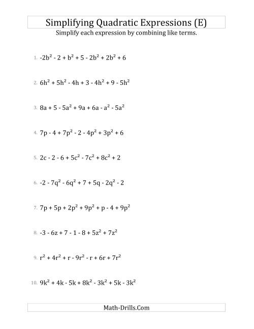 The Simplifying Quadratic Expressions with 7 Terms (E) Math Worksheet