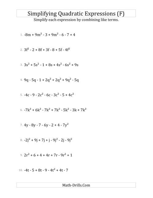 The Simplifying Quadratic Expressions with 7 Terms (F) Math Worksheet