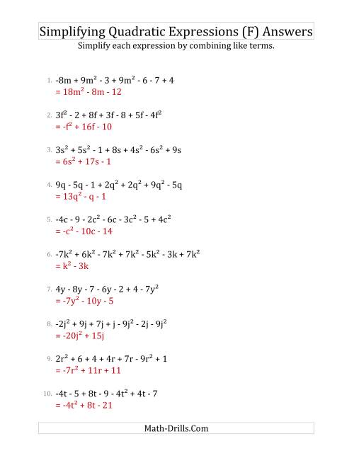 The Simplifying Quadratic Expressions with 7 Terms (F) Math Worksheet Page 2