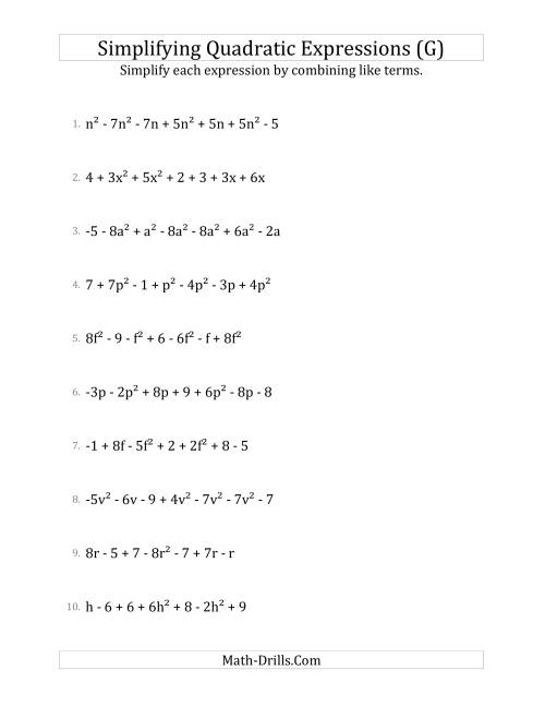 The Simplifying Quadratic Expressions with 7 Terms (G) Math Worksheet