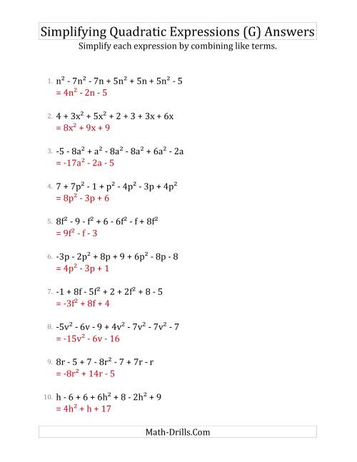 The Simplifying Quadratic Expressions with 7 Terms (G) Math Worksheet Page 2