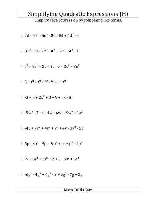 The Simplifying Quadratic Expressions with 7 Terms (H) Math Worksheet