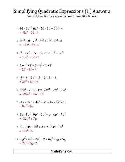 The Simplifying Quadratic Expressions with 7 Terms (H) Math Worksheet Page 2