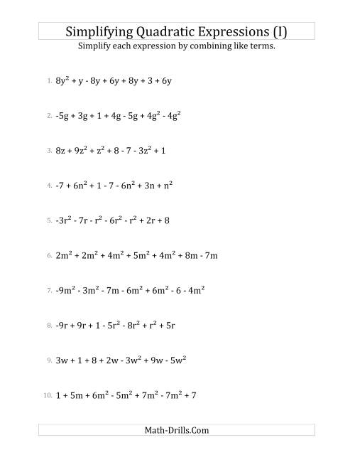 The Simplifying Quadratic Expressions with 7 Terms (I) Math Worksheet