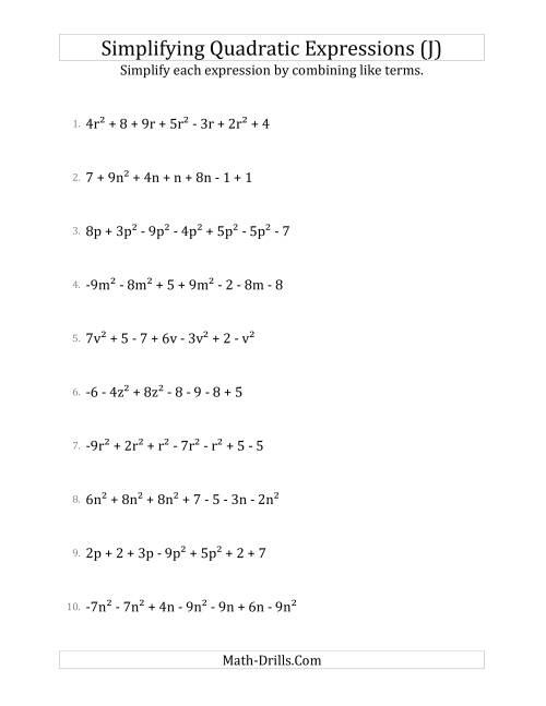 The Simplifying Quadratic Expressions with 7 Terms (J) Math Worksheet